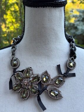 LOFT Black Ribbon Necklace with Olive Green Crystal Floral Motif